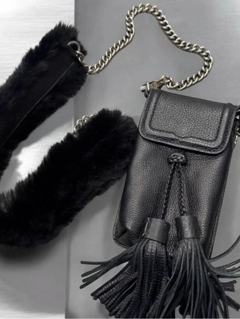 Rebecca Minkoff Isobel Pebbled Leather Phone Cross-Body Guitar Chain Strap w/Fur